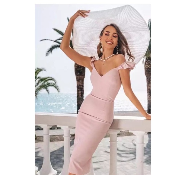 Pink Bodycon Bandage Dress For Summer Sexy Ruffles Sleeveless Midi v neck Size M - Picture 13 of 13
